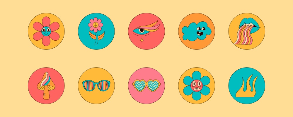 Groovy circle sticker pack with vintage elements. Mushrooms, fire, flower, lips, eyes, sunglasses and more. Retro vector graphics. Groovy circle sticker pack with vintage elements. Mushrooms, fire, flower, lips, eyes, sunglasses and more. Retro vector graphics.