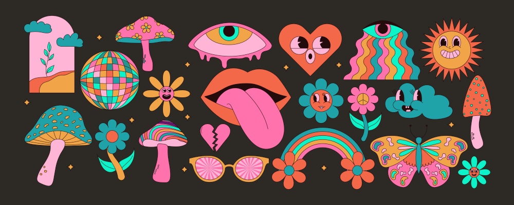 Groovy hippie set of colorful mushrooms, sun, flower, lips, eyes, sunglasses and etc. Sticker pack in trendy retro trippy style. Vector illustration.. Groovy hippie set of colorful mushrooms, sun, flower, lips, eyes, sunglasses and etc. Sticker pack in trendy retro trippy style. Vector illustration