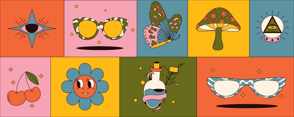 Set of retro groovy stickers with vintage colors. Mushrooms, butterfly, cherry, eyes , sunglasses and more. 70s-inspired vector graphics.. Set of retro groovy stickers with vintage colors. Mushrooms, butterfly, cherry, eyes , sunglasses and more. 70s-inspired vector graphics