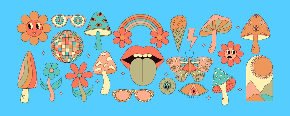 Groovy cartoon hippy set of colorful mushrooms, sun, flower, lips, eyes, sunglasses and etc. Hippie 60s, 70s style. Vector illustration.. Groovy cartoon hippy set of colorful mushrooms, sun, flower, lips, eyes, sunglasses and etc. Hippie 60s, 70s style. Vector illustration