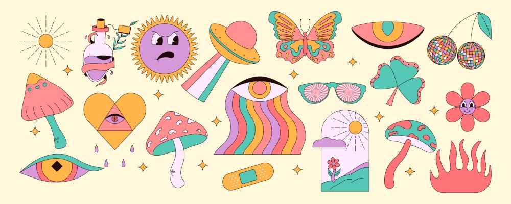 Retro 70s groovy elements. Mushrooms, sun, flower, lips, eyes, sunglasses and etc. Cartoon hippy stickers. Vector illustration. Retro 70s groovy elements. Mushrooms, sun, flower, lips, eyes, sunglasses and etc. Cartoon hippy stickers. Vector illustration.