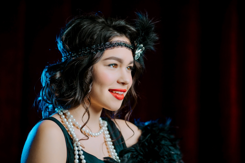 Amazing portrait of brunette woman dressed in style of last century on velours background. Roaring twenties, retro, party, fashion concept. High quality photo. Amazing portrait of brunette woman dressed in style of 20th last century on velours background. Roaring twenties, retro, party, fashion concept