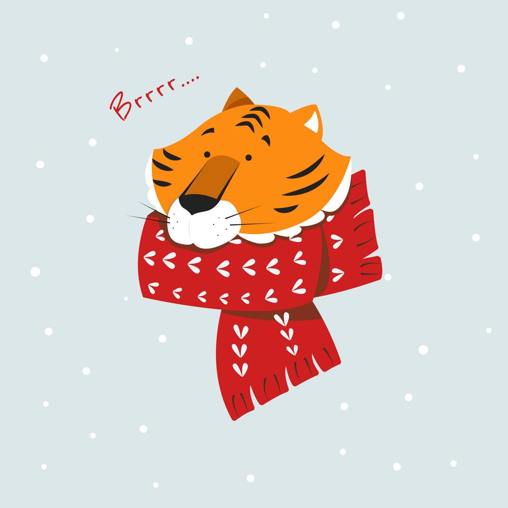 New Year's cute tiger in a scarf. Celebrations card design with cute tiger illustration. Merry christmas and happy new year. Happy holidays.