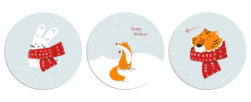 New Year's cute hare, fox and tiger in a scarf. For stickers, postcards and posters. Happy Holidays.