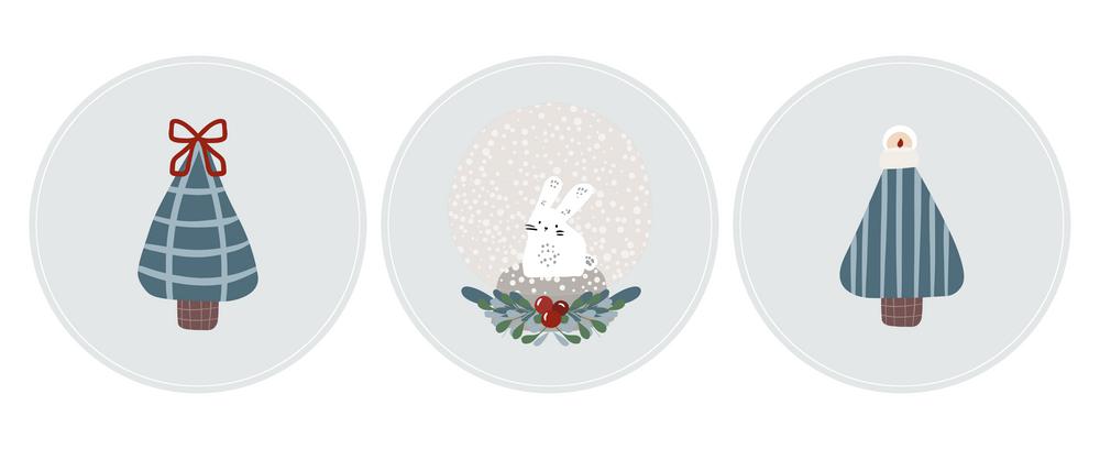 New Year's cute hare in a scarf and a Christmas tree. For stickers, postcards and posters. Happy Holidays.