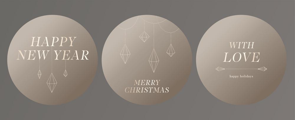 Templates for Christmas stickers and social networks in gold tones. Golden text Happy New Year for your greeting card.