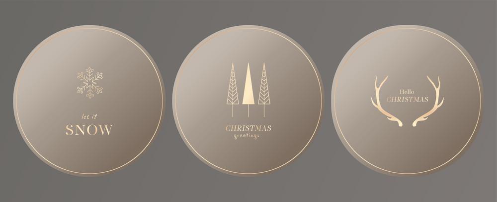 Templates for Christmas stickers and social networks in gold tones. Golden text Happy New Year for your greeting card.