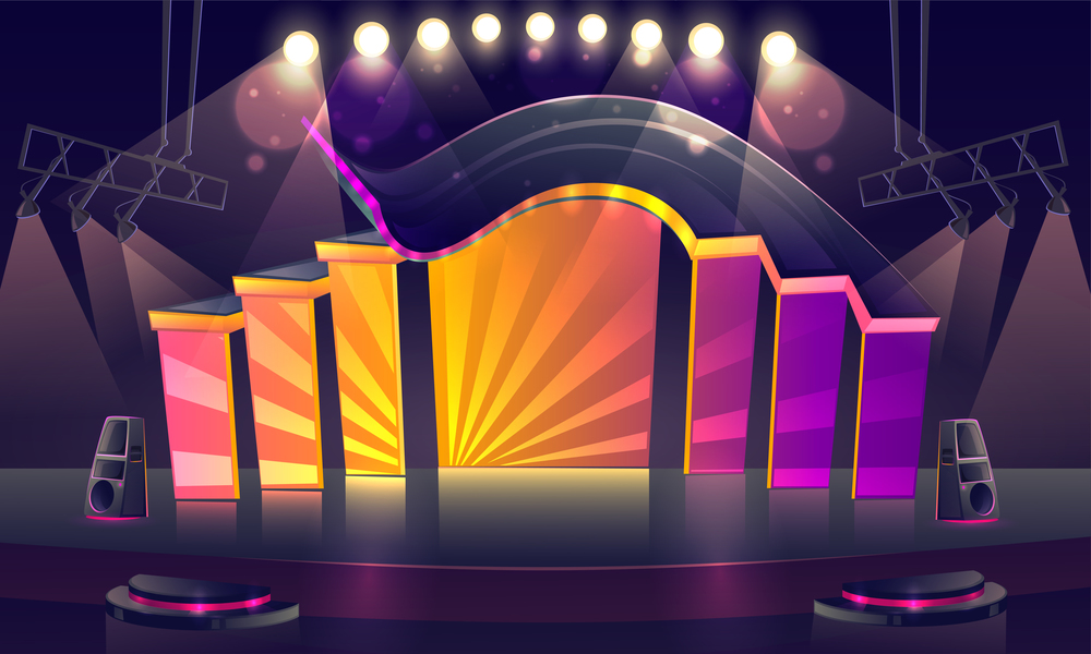 Concert stage with bright decoration and spotlights. Vector cartoon illustration of empty scene for rock festival, show, performance or presentation. Podium stage with truss, music and light equipment. Concert stage illuminated by spotlights