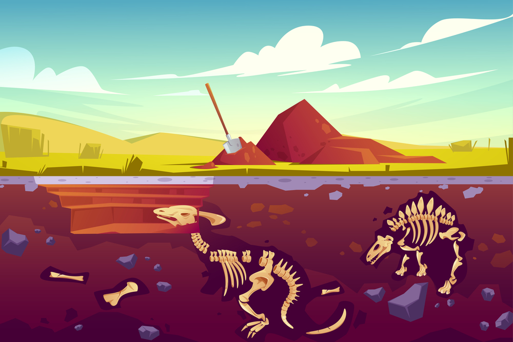 Fossil dinosaurs excavation, paleontology and archeology works. Vector cartoon illustration of landscape with pill of soil, shovel, buried skeletons of prehistoric reptiles underground. Fossil dinosaurs excavation, paleontology works