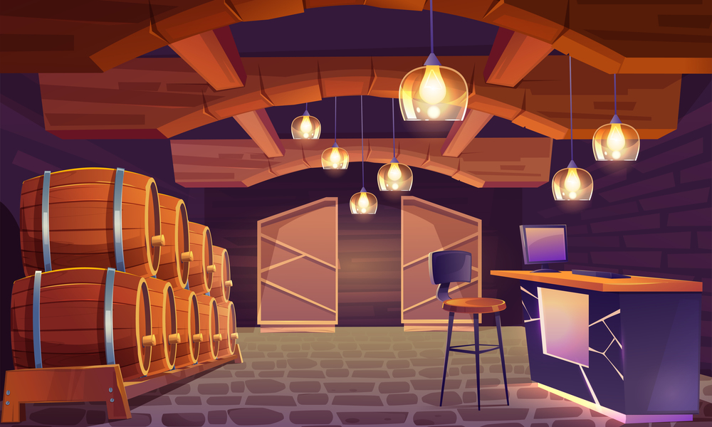 Wine shop, cellar interior with wooden barrels, brick walls and floor, lamps in shape of wineglass. Alcohol beverage store with pc on counter desk and high stool, basement. Cartoon vector illustration. Wine shop, cellar interior with wooden barrels