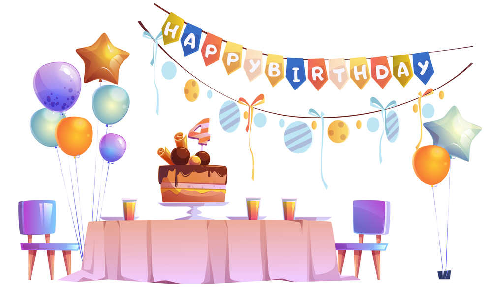 Kids birthday party decoration, festive cake with four years old candle on table with plates and glasses, chairs, balloons bunches and garlands isolated on white background Cartoon vector illustration. Kids birthday party decoration and festive cake