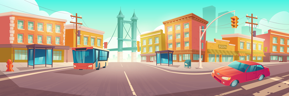 City crossroad with bus and car on transport intersection with zebra crossing, traffic lights and street lamps. Urban infrastructure, bridge and modern megapolis buildings, Cartoon vector illustration. City crossroad with bus and car on intersection