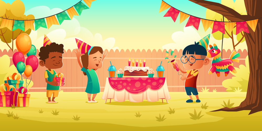 Girl celebrate birthday with friends, receive gift on house backyard with decoration, festive cake with candles. Little child in hat get present from guests. Children party Cartoon vector illustration. Girl celebrate birthday with friends, receive gift