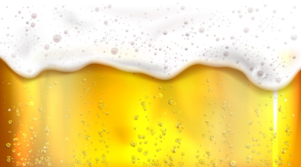 Beer with bubbles and foam background. Vector realistic illustration of lager texture in glass with flowing white froth. Banner with orange fizzy brewery drink for bar, Beer day or Octoberfest. Beer with bubbles and foam background