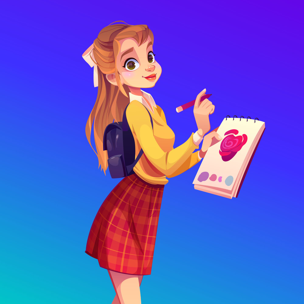 Woman painter with notebook and pencil. Girl student drawing pink heart in album. Vector cartoon teenage girl with ponytail, backpack, paper and marker. Woman create sketch for hobby, study or job. Young woman painter with notebook and pencil