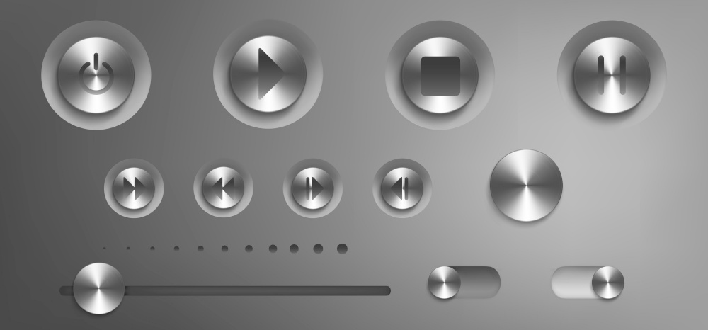 Music control panel with steel buttons, knobs, switch and volume slider. Vector realistic interface of audio or video application with silver buttons with play, stop, pause and power icons. Music control panel with steel buttons and knobs