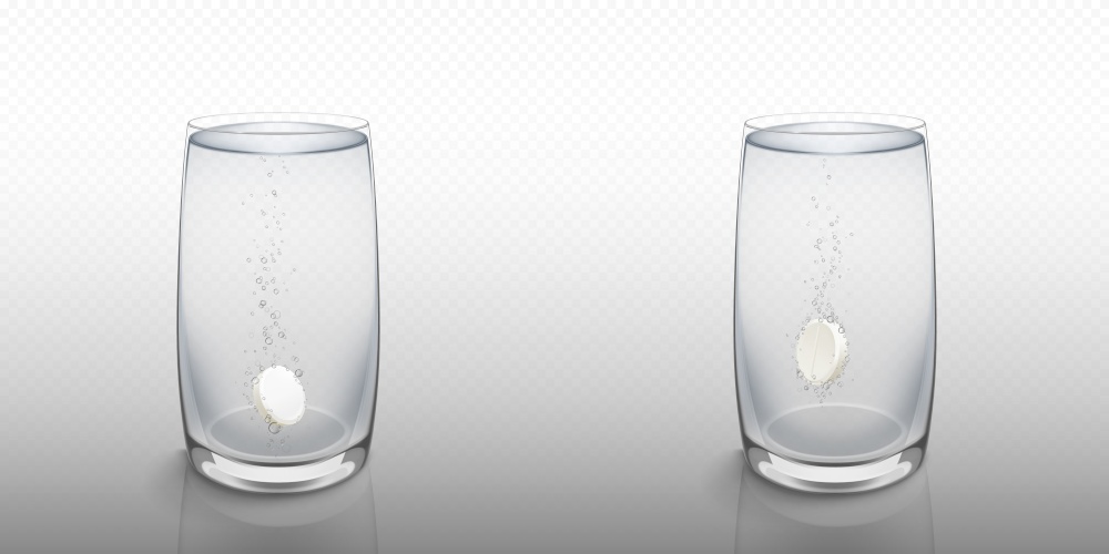 Effervescent soluble tablet in water glass isolated on transparent background. Vector realistic mockup of white fizzy pill with bubbles, dissolving medicine drug, antibiotic or vitamin. Effervescent soluble tablet in water glass