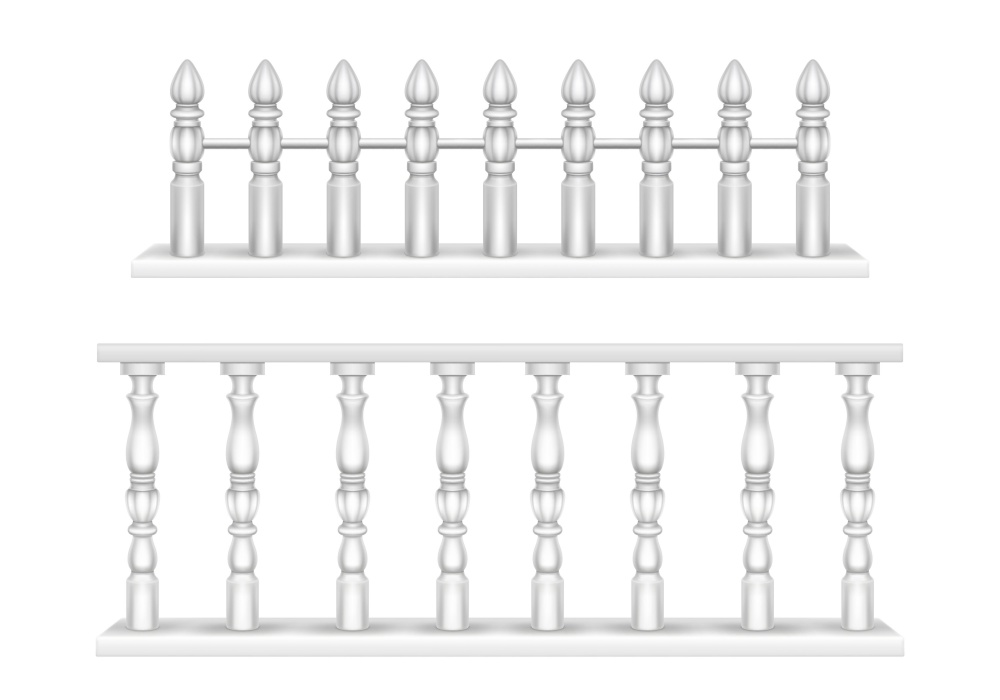 White marble balustrade, handrail for balcony, porch or garden in classic roman style. Vector realistic set of baroque stone railing, banister with pillars, antique fence with columns. White marble balustrade, handrail for balcony