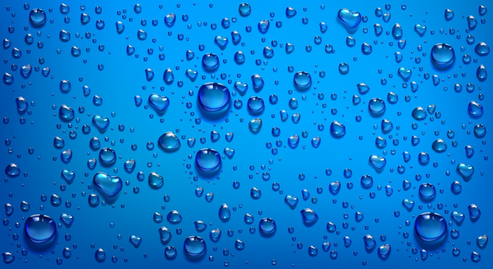 Water droplets on blue background. Vector realistic illustration of condensation of steam in shower or fog on wet blue surface, clear aqua drops from dew or rain. Water droplets on red background