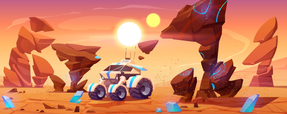Mars rover on red planet surface explore alien landscape. Robotic autonomous vehicle for space discovery and scientific research with huge wheels, antenna and solar panel, cartoon vector illustration. Mars rover on red planet surface explore landscape