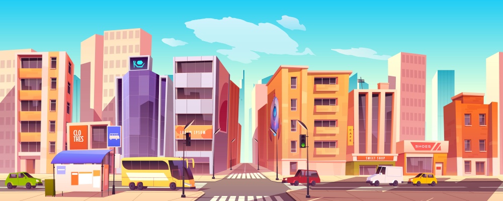 City street with houses, road with pedestrian crosswalk, cars and bus stop. Vector cartoon background with cityscape, urban landscape with residential buildings, office and shops. City street with houses, road and cars