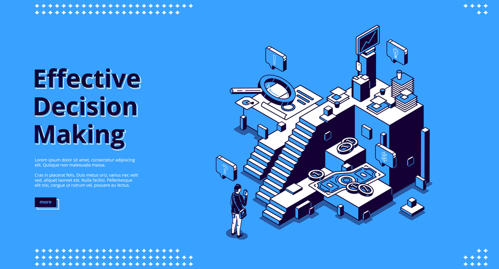 Effective decision making banner. Concept of choose right way in business, job or life. Vector landing page with isometric illustration of confused man and stairs for different options. Vector landing page of effective decision making