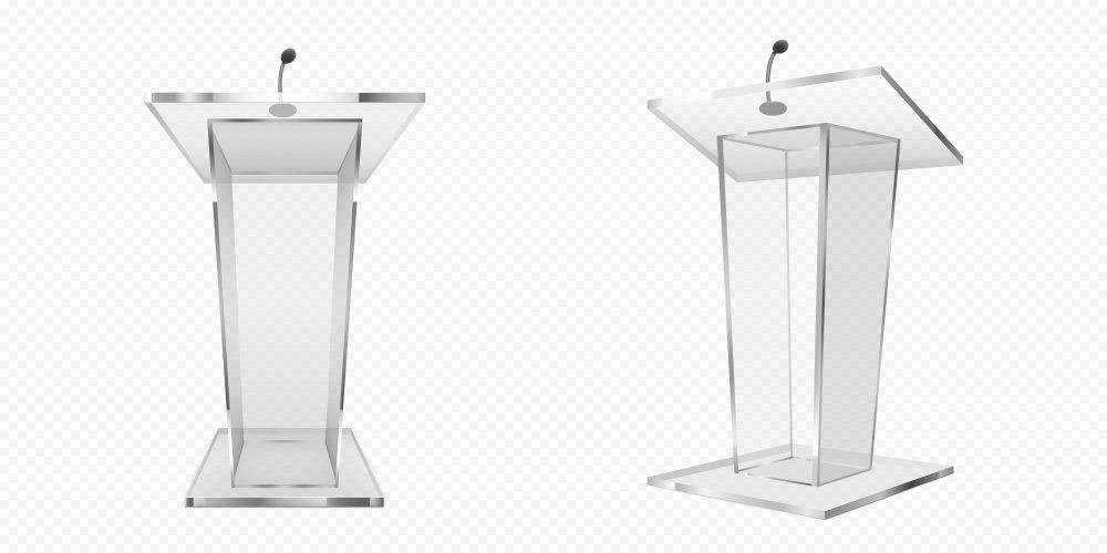 Glass pulpit, podium or tribune front side view. Rostrum stand with microphone for conference debates, trophy isolated on transparent background. Business presentation speech pedestal Realistic vector. Glass pulpit, podium or tribune, rostrum stand