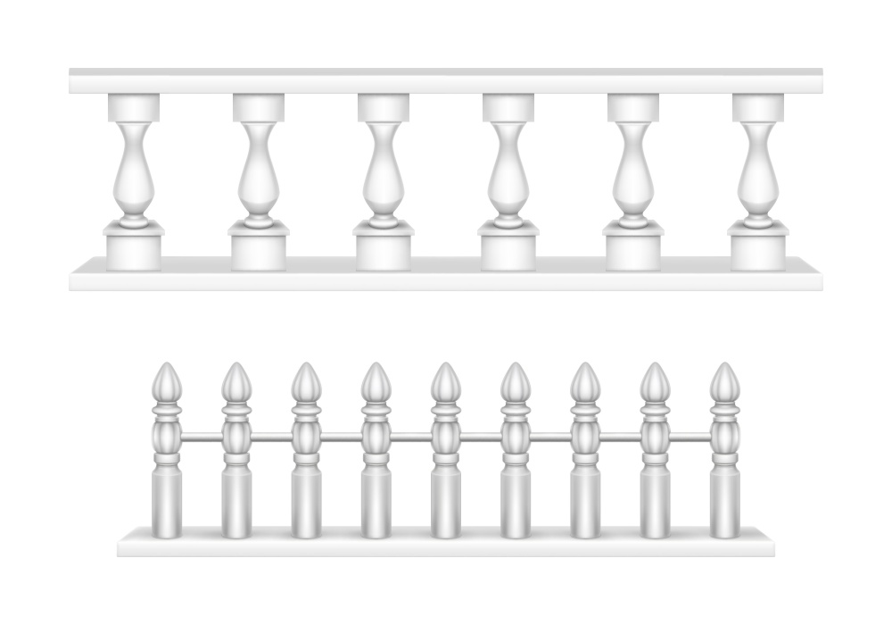 Marble balustrade, white balcony railing or handrails. Banister or fencing sections with decorative pillars. Panels balusters for architecture design isolated elements Realistic 3d vector illustration. Marble balustrade, balcony railing or handrails.