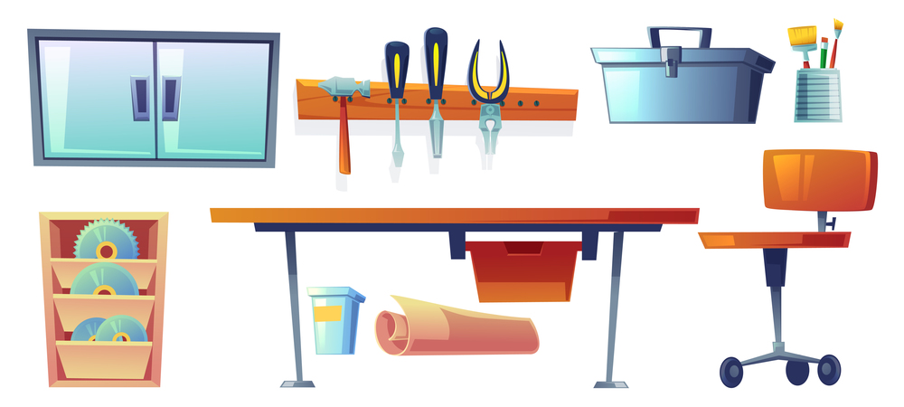 Garage instruments, tools for carpentry and repair works. Screwdriver, pliers and hammer hanging on board, workbench, blade for circular saw, toolbox and paint brushes. Cartoon vector illustration. Garage instruments, tools for carpentry works