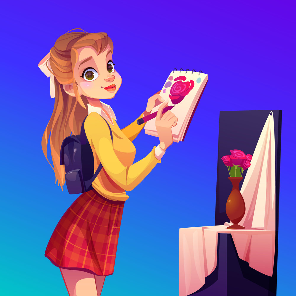 Artist girl paint flowers in vase. Painter young woman in teenage clothes and rucksack on back holding pencil and sketchbook with rose blossom sketch. Workshop studio class Cartoon vector illustration. Artist girl paint flowers in vase, workshop studio