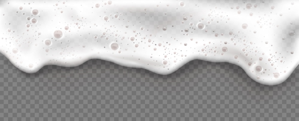 Beer foam isolated on transparent background. White soap froth texture with bubbles, seamless border, foamy frame. Sea or ocean wave, laundry cleaning detergent spume, realistic 3d vector illustration. Beer foam isolated on transparent background.