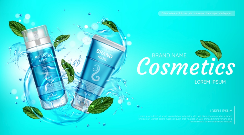 Cosmetic bottles ad banner, shaving foam and cream tubes with mint, water splashes and droplets on blue background. Body care beauty cosmetics products, Realistic 3d vector advertising promo poster. Cosmetic bottles ad banner, shaving foam and cream
