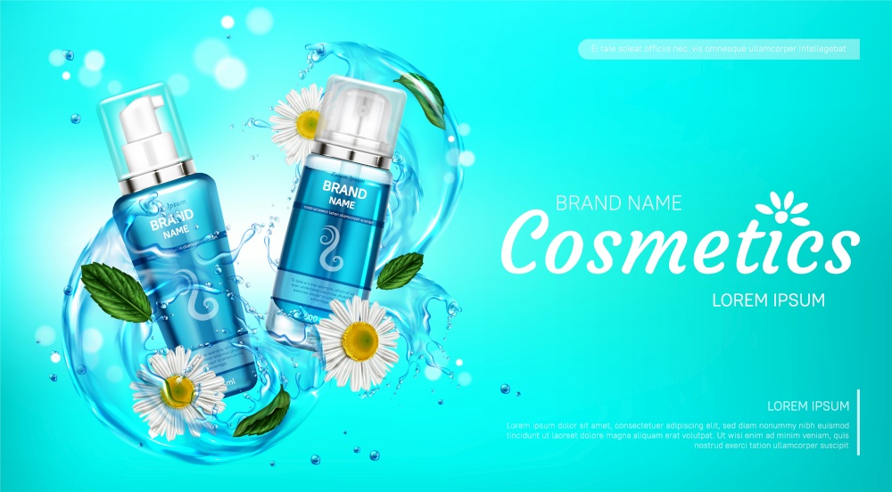Cosmetic products in water splash with chamomile flowers mint leaves. Vector realistic brand poster with herbal cosmetics in blue tubes for hair face body care. Promo banner, advertising background. Cosmetic products for body care in water splash