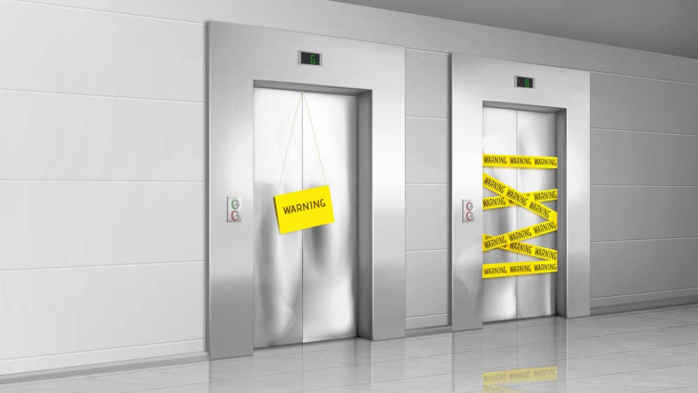 Out of order elevator with closed broken door, yellow warning stripes and banner in office or house hallway. Vector realistic illustration of modern lobby with not working lift. Broken closed elevator with warning stripe