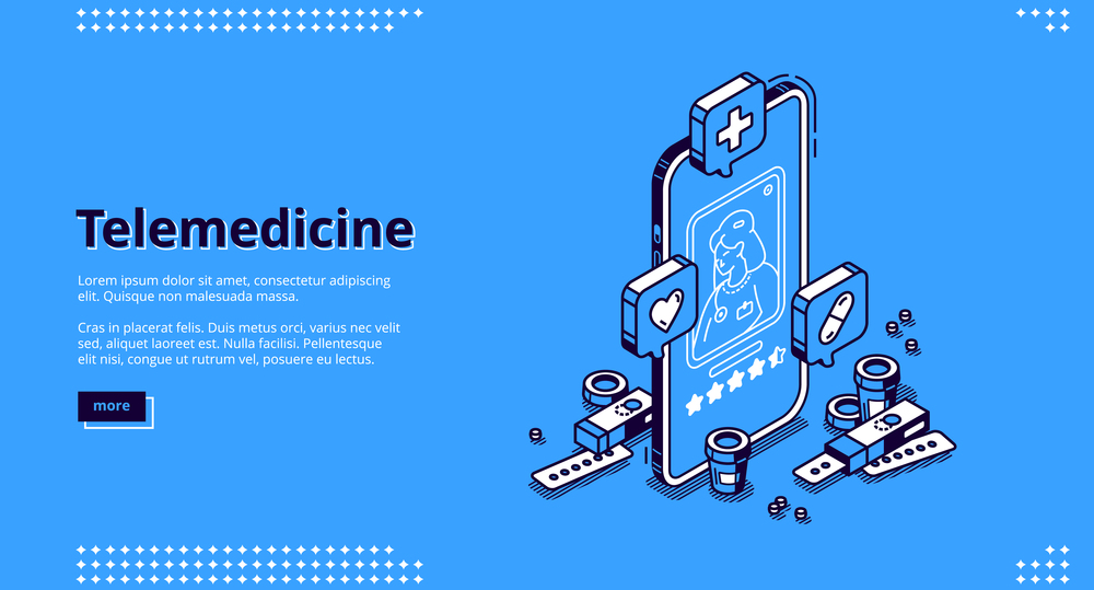 Telemedicine isometric landing page. Distance online medicine application for mobile phone. Smartphone screen with doctor chat messages and tablets on blue background, 3d vector line art web banner. Telemedicine isometric landing, online medicine