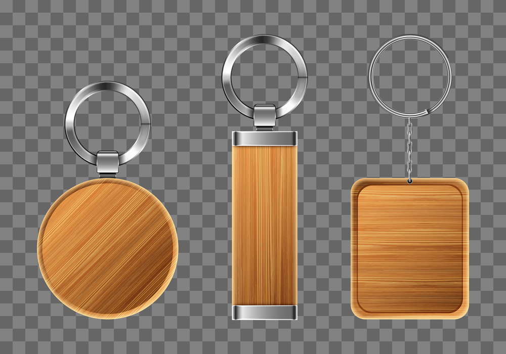 Wooden keychains, keyring holders with metal rings. Brown wood accessories, gift or souvenir trinkets for home, car or office isolated on transparent background. Realistic 3d vector icons, mockup set. Wooden keychains, keyring holders with metal rings