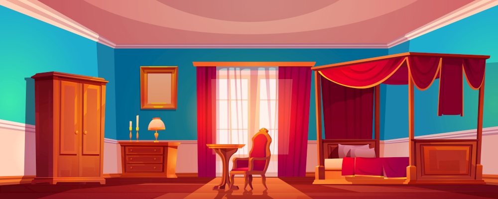 Old luxury bedroom with wooden furniture and red curtains. Vector cartoon illustration of vintage interior with canopy bed, nightstand, wardrobe, chair and mirror in golden frame. Old luxury bedroom interior with canopy bed
