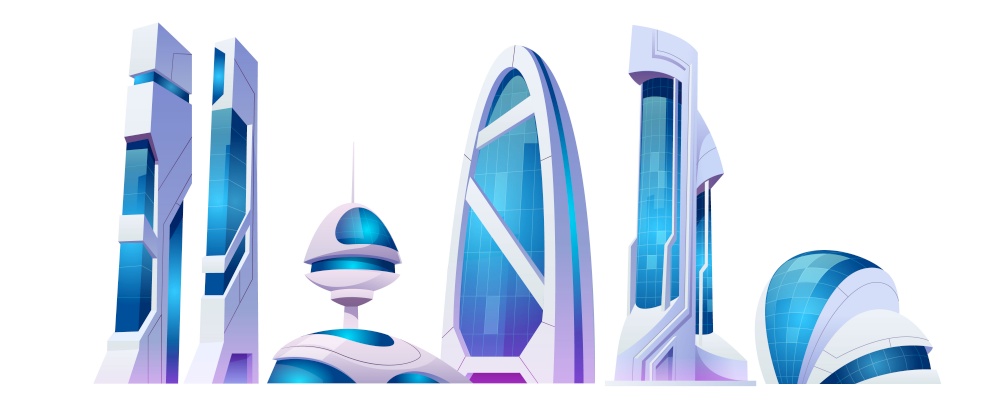 Future city, futuristic buildings with glass facade and unusual shapes isolated on white background. Modern style architecture towers and skyscrapers. Alien urban cityscape design, Cartoon vector set. Future city futuristic buildings with glass facade