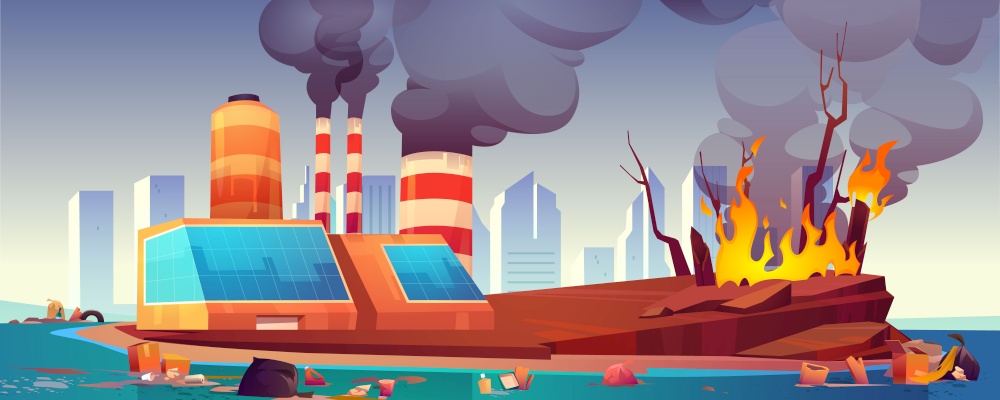 Environment disaster, air and ocean pollution, deforestation. Vector cartoon illustration with black smoke from factory, dirty sea shore polluted by waste and forest fire. Eco problems concept. Environment disaster, air and ocean pollution