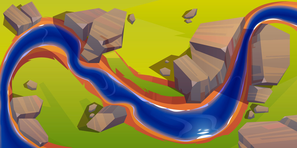 River top view, cartoon curve riverbed with dark blue water, reflection, rocks on coastline and green grass. Summer landscape, beautiful valley, scenic picturesque natural stream, vector illustration. River top view, curve riverbed with blue water