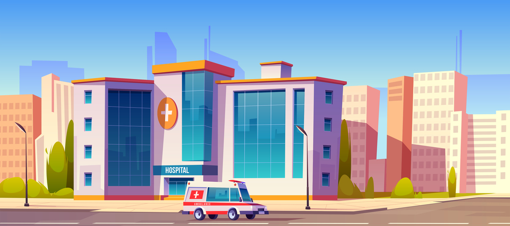 Hospital clinic building with ambulance car truck riding at road and green trees around. Medicine, city infirmary health care infrastructure, medic multistorey office, Cartoon vector illustration. Hospital clinic building with ambulance car truck