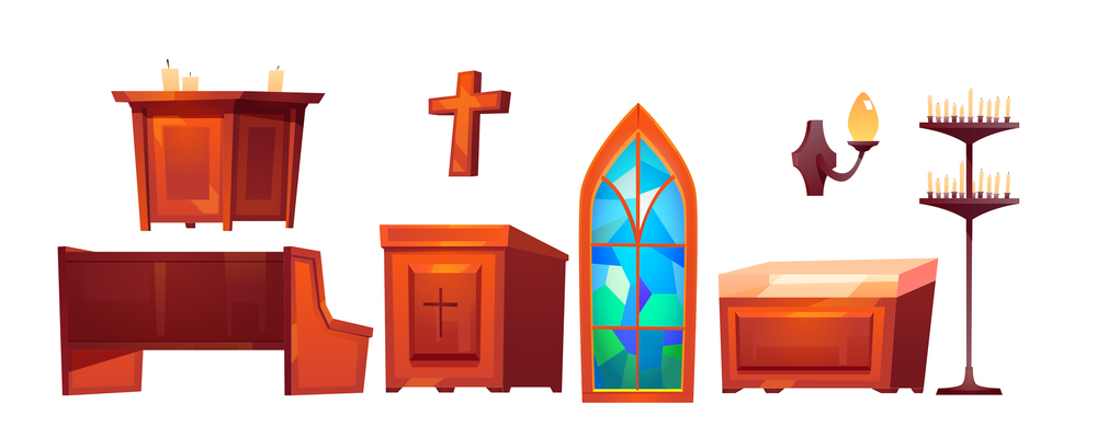 Catholic church inside interior stuff glass stained window, altar and wooden bench, cross, tribune, wall lamp, candles isolated on white background. Cartoon vector cathedral furniture and accessories. Catholic church inside interior isolated stuff set