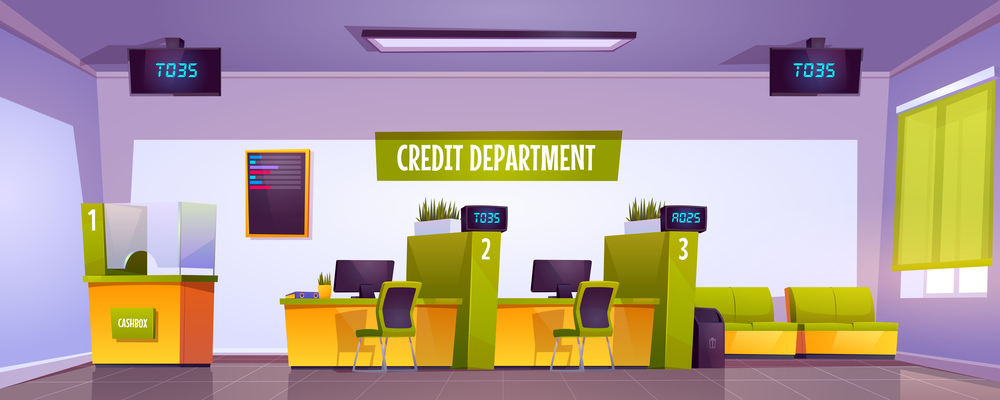 Bank office interior with cash box, staff desk and reception counter. Vector cartoon illustration of credit department in empty bank lobby with furniture and queue displays. Credit department interior in bank office