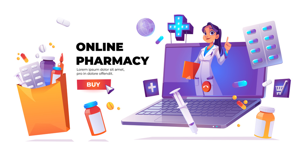 Online pharmacy banner. Online drugstore service. Vector cartoon banner with woman doctor or pharmacist on laptop screen, drugs, pills and buy button on white background. Vector banner of online pharmacy service