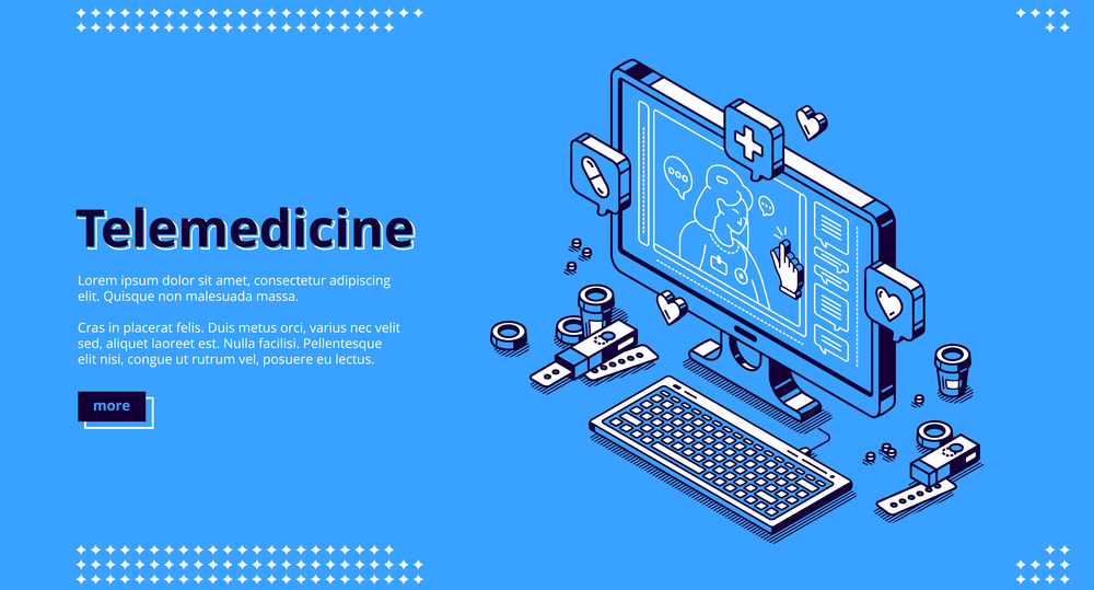 Telemedicine isometric landing page. Distance online medicine service, computer application, pc desktop screen with doctor messages chat and tablets on blue background, 3d vector line art web banner. Telemedicine isometric landing, online medicine