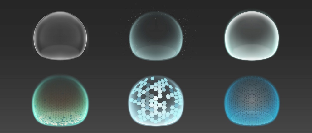 Bubble shields, protection force fields. Vector realistic set of safety energy barrier, security defence in transparent sphere with grid pattern isolated on gray background. Bubble shields, protection force fields