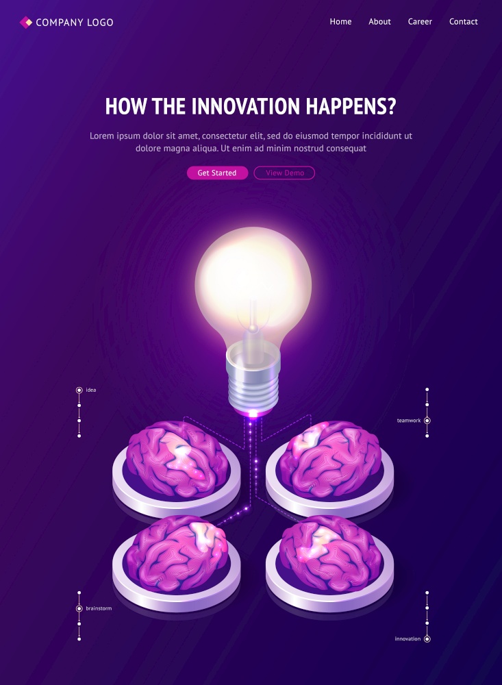 Brainstorm idea isometric landing page. Human brains connected with huge glowing light bulb generate thinking activity. Creative startup project development, innovation launching, 3d vector web banner. Brainstorm idea isometric landing page, web banner