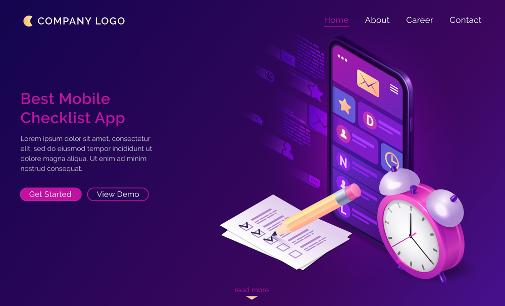 Checklist isometric landing page, pen put mark on check list document at smartphone with message mobile app on screen and alarm clock. Online survey, quiz, customer questionnaire, 3d vector web banner. Checklist isometric landing page, mobile app.