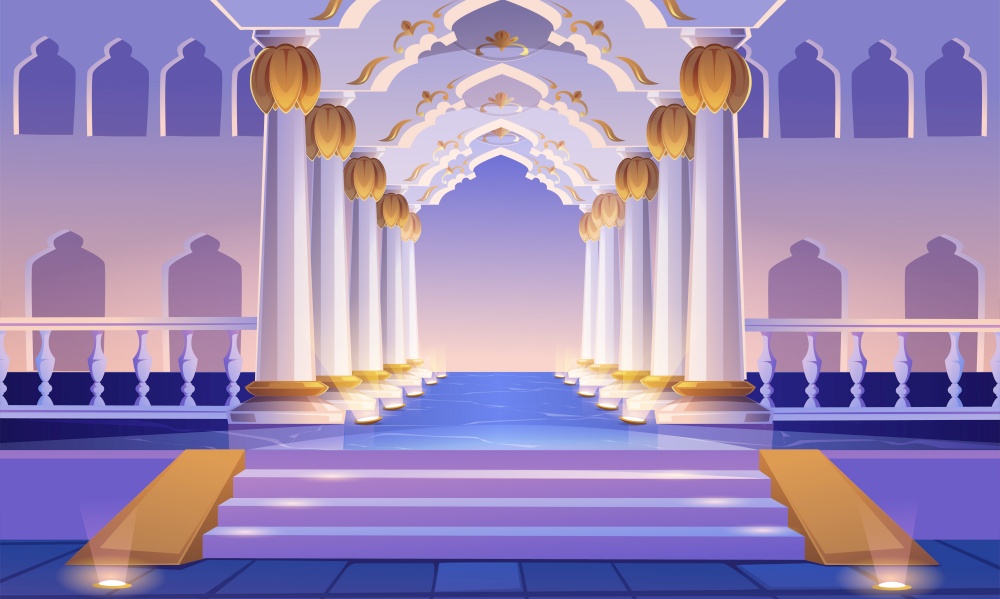 Castle corridor with staircase, columns and arches. Palace entrance with pillars and illumination. Medieval building architecture design, empty ball room, hall interior. Cartoon vector illustration. Castle corridor with staircase, columns and arches