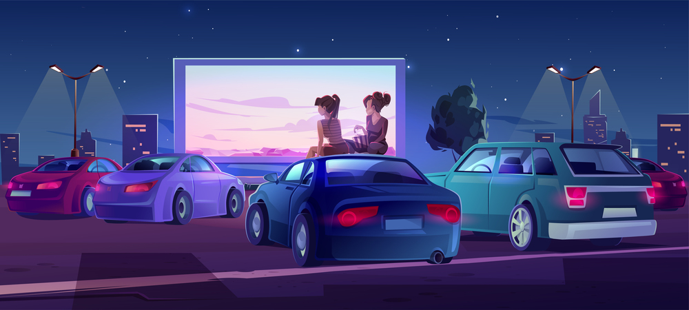 Outdoor cinema, drive-in movie theater with cars on open air parking. Vector cartoon illustration of summer night city with girls sitting on automobile roof and watching film on big screen. Outdoor cinema, open air movie theater with cars